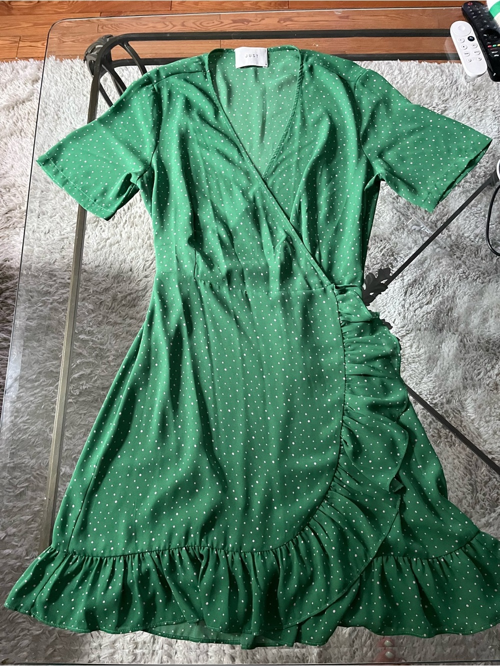 Just Green Polka Dot Wrap Ruffle Dress